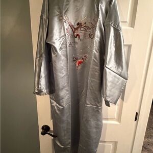 NWOT Light Blue Satin Embroidered Kimono Robe with belt